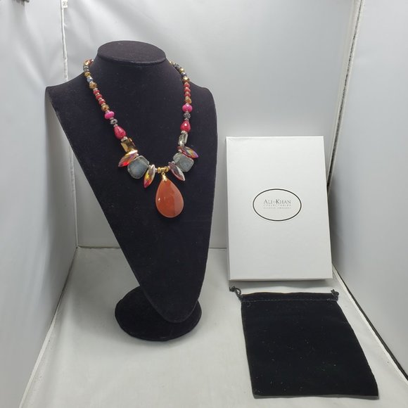Ali Khan multi glass stone with beads necklace red theme with gift box - Picture 2 of 6
